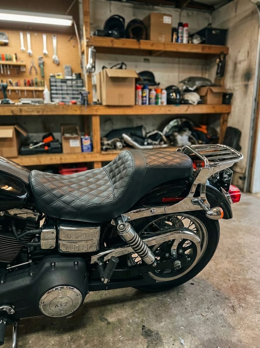Customer photo review of Iron Born Diamond Stitch 2-Up Seat for Harley Dyna Low Rider FXDL/I Black