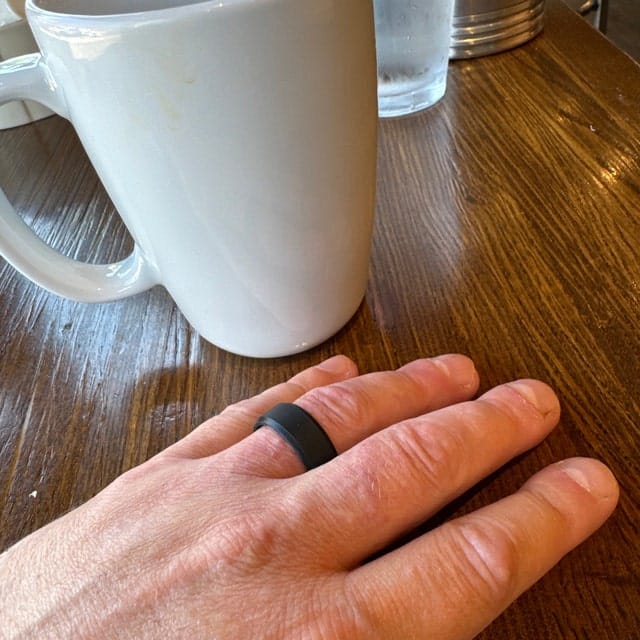 Customer photo review of Men's Tactical Silicone Rings, 9mm Wide 2.5mm Thick Rubber Wedding Bands for Him, Breathable Working Man's Performance Ring