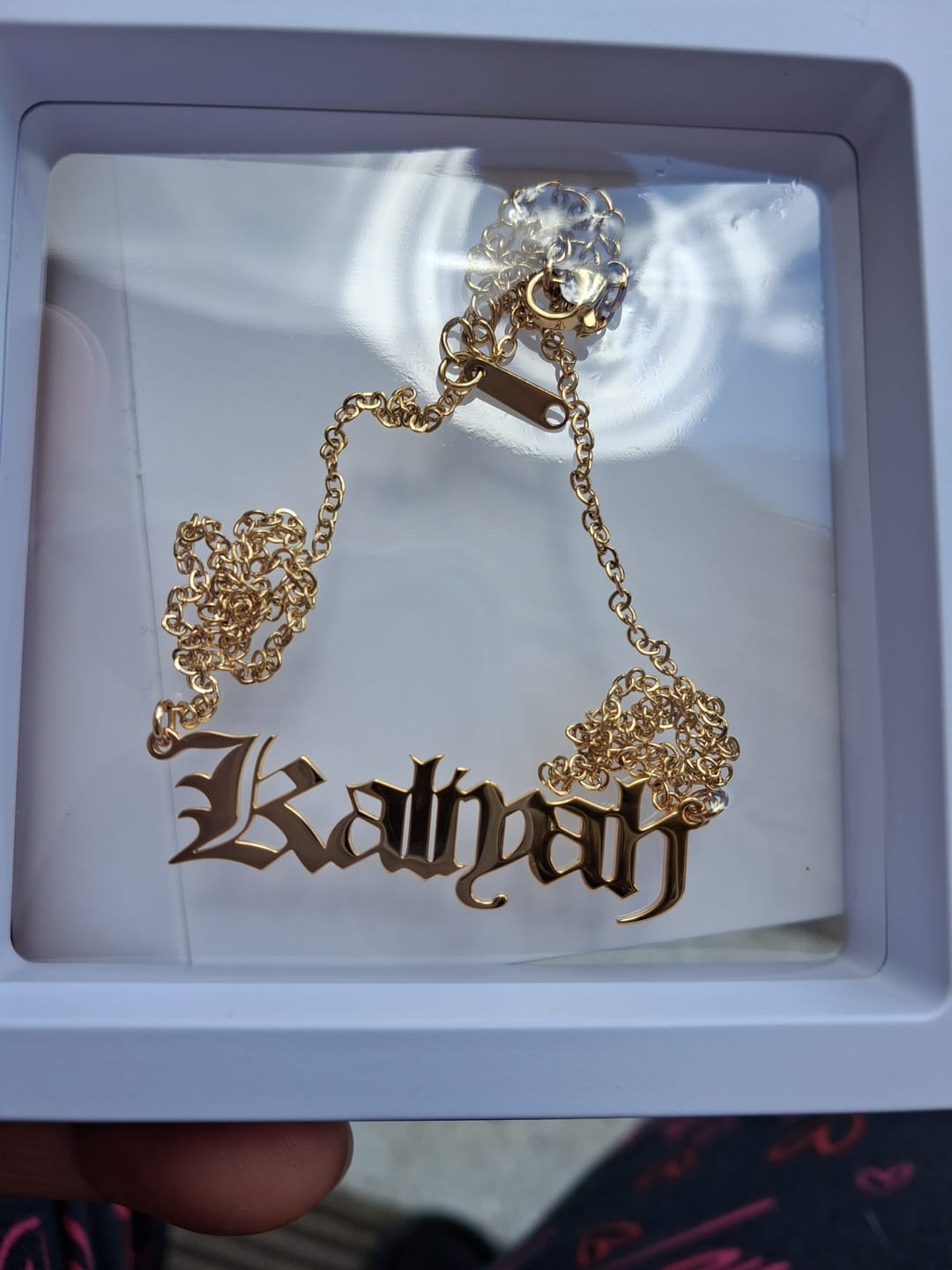 Customer photo review of Gothic Name Necklace