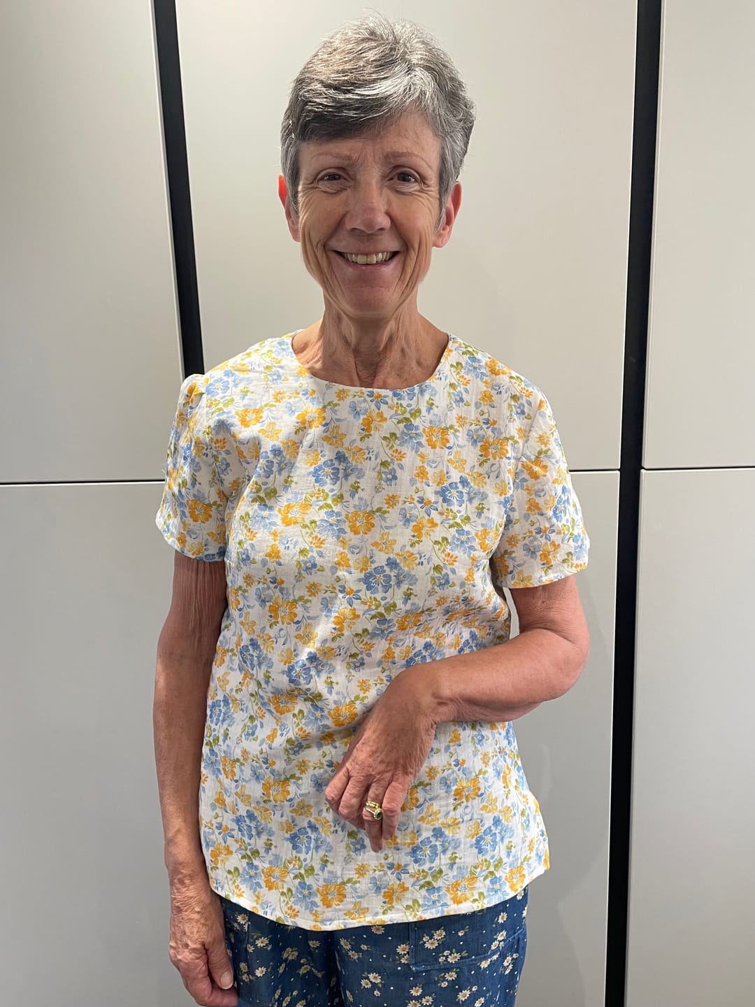 Customer photo review of Blue and Yellow Blossom Double Gauze Fabric