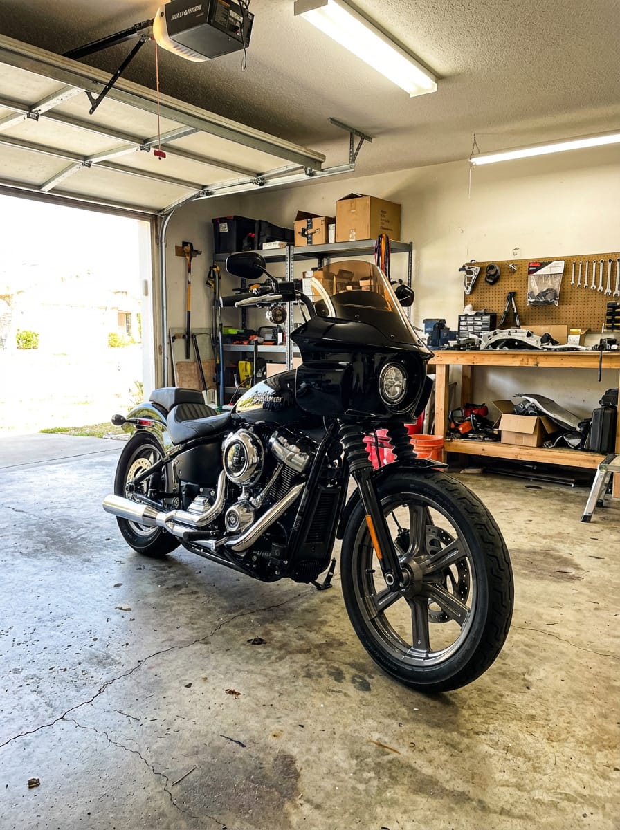 Customer photo review of Viking Darkin Motorcycle Fairing for Harley Softail Street Bob FXBB Gloss Black