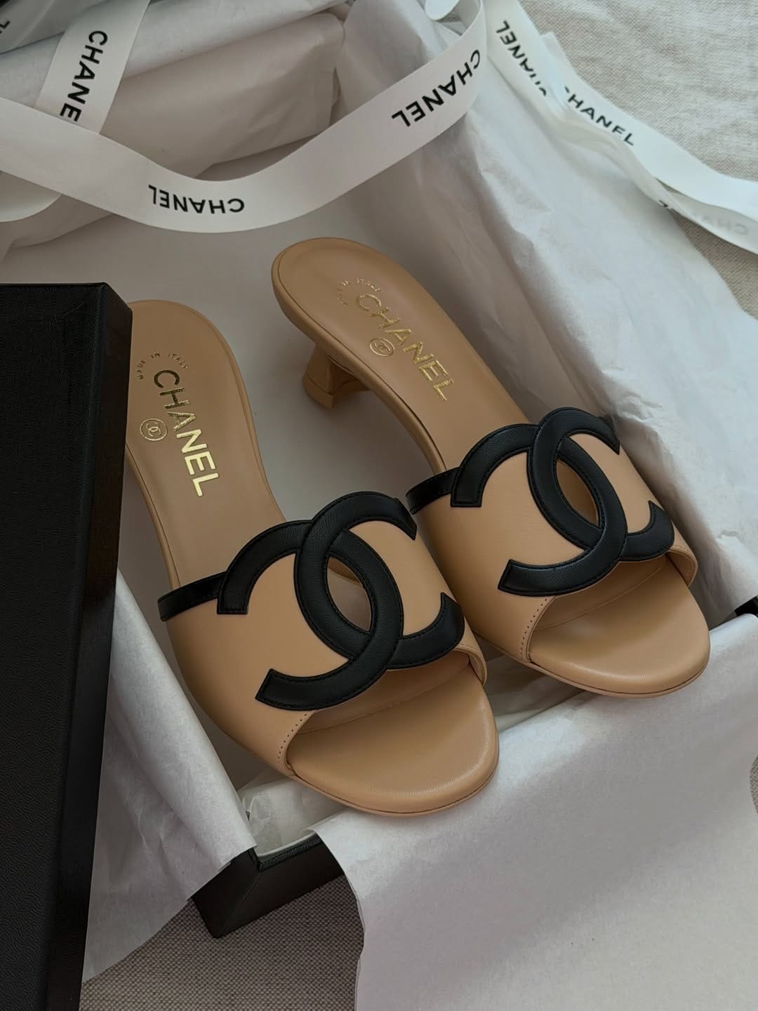 Customer photo review of Chanel 2026 Heeled Sandal Beige Black Lambskin