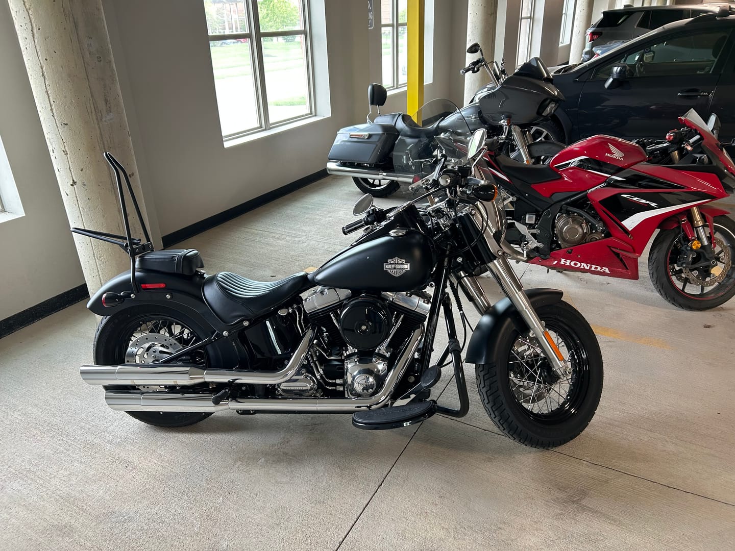 Customer photo review of Iron Born Blade 25" Sissy Bar with Foldable Luggage Rack for Harley Softail Slim FLS Matte Black