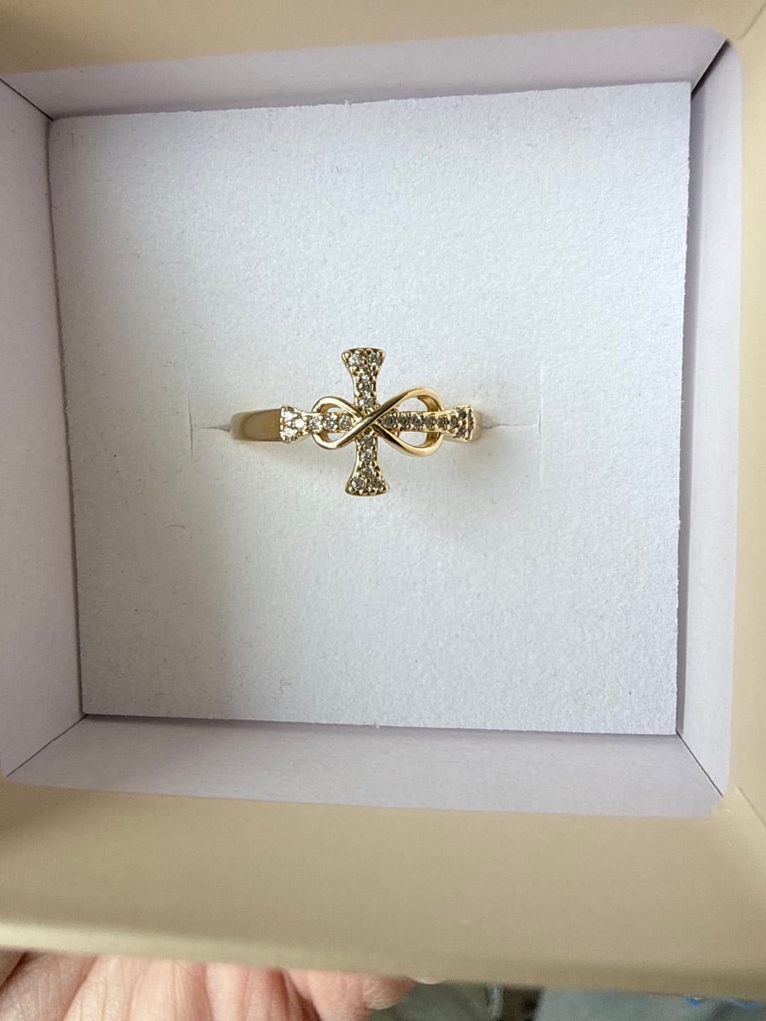 Customer photo review of Christianartworkshop Golden/Silver Mobius Cross Ring: Carry His Grace in Daily Wear