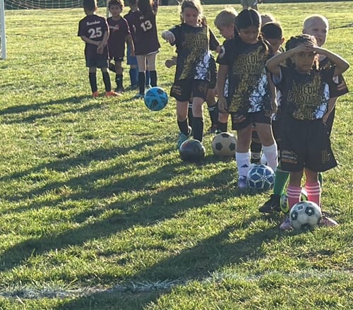 Customer's photo of a youth soccer team wearing custom black and gold uniforms on a grassy field.