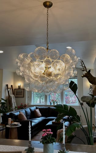 Customer photo review of Brass Cluster Ribbed Glass Globe Bubble Chandelier