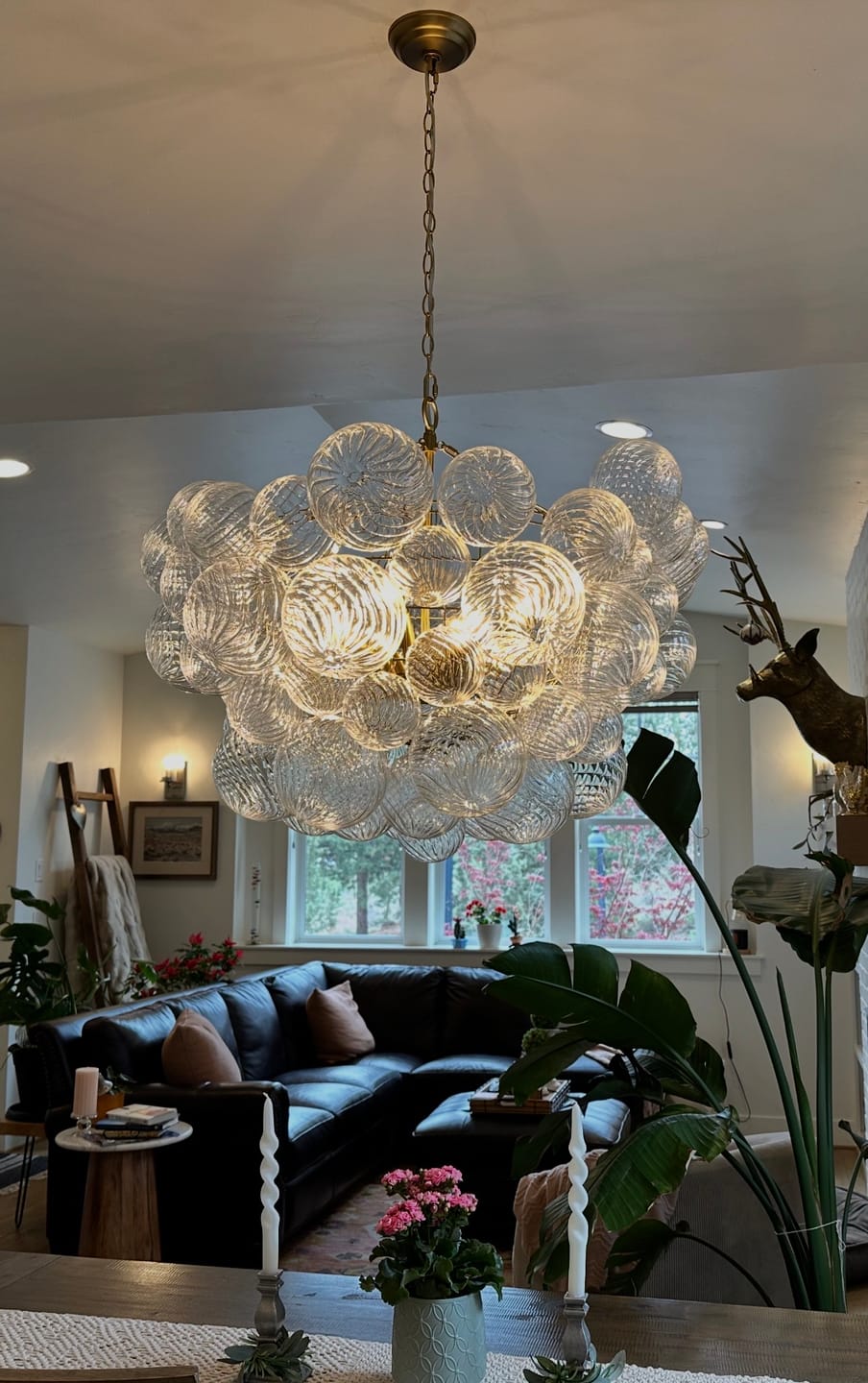 Customer photo review of Brass Cluster Ribbed Glass Globe Bubble Chandelier