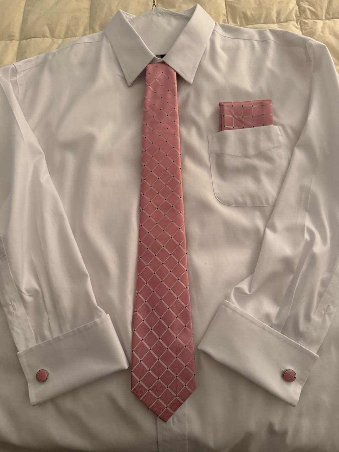Customer photo review of Ties2you Pink Tie Baby Pink Plaid Silk Mens Tie Pocket Square Cufflinks Set