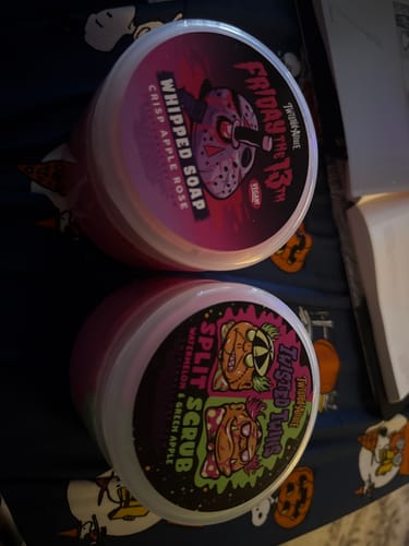 Reviewer shows the 'Friday the 13th' whipped soap and a 'Split Scrub' received instead of the Maneater soap.