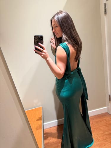 Customer photo review of Callie Satin Gown in Emerald by Sau Lee - RENTAL
