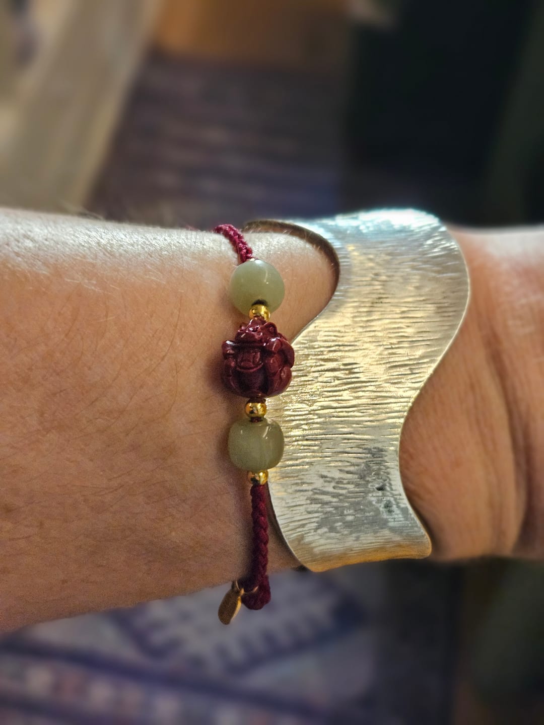 Customer photo review of Buddha Stones Natural Cinnabar Chinese Zodiac Hetian Jade Fu Character Luck Rope Bracelet