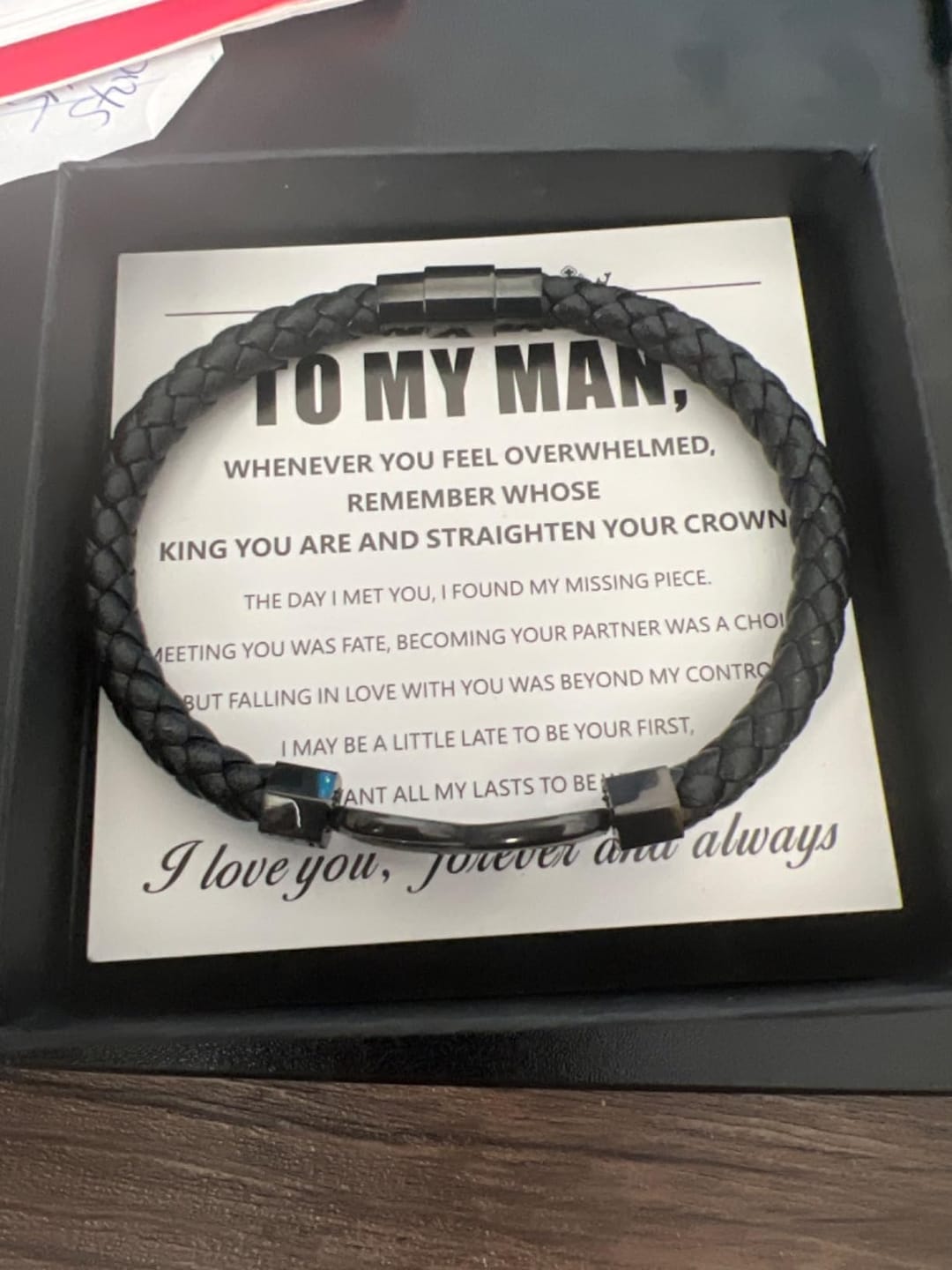 Customer photo review of Anniversary Gifts for Him - Engraved Bracelet w/ Names for Husband