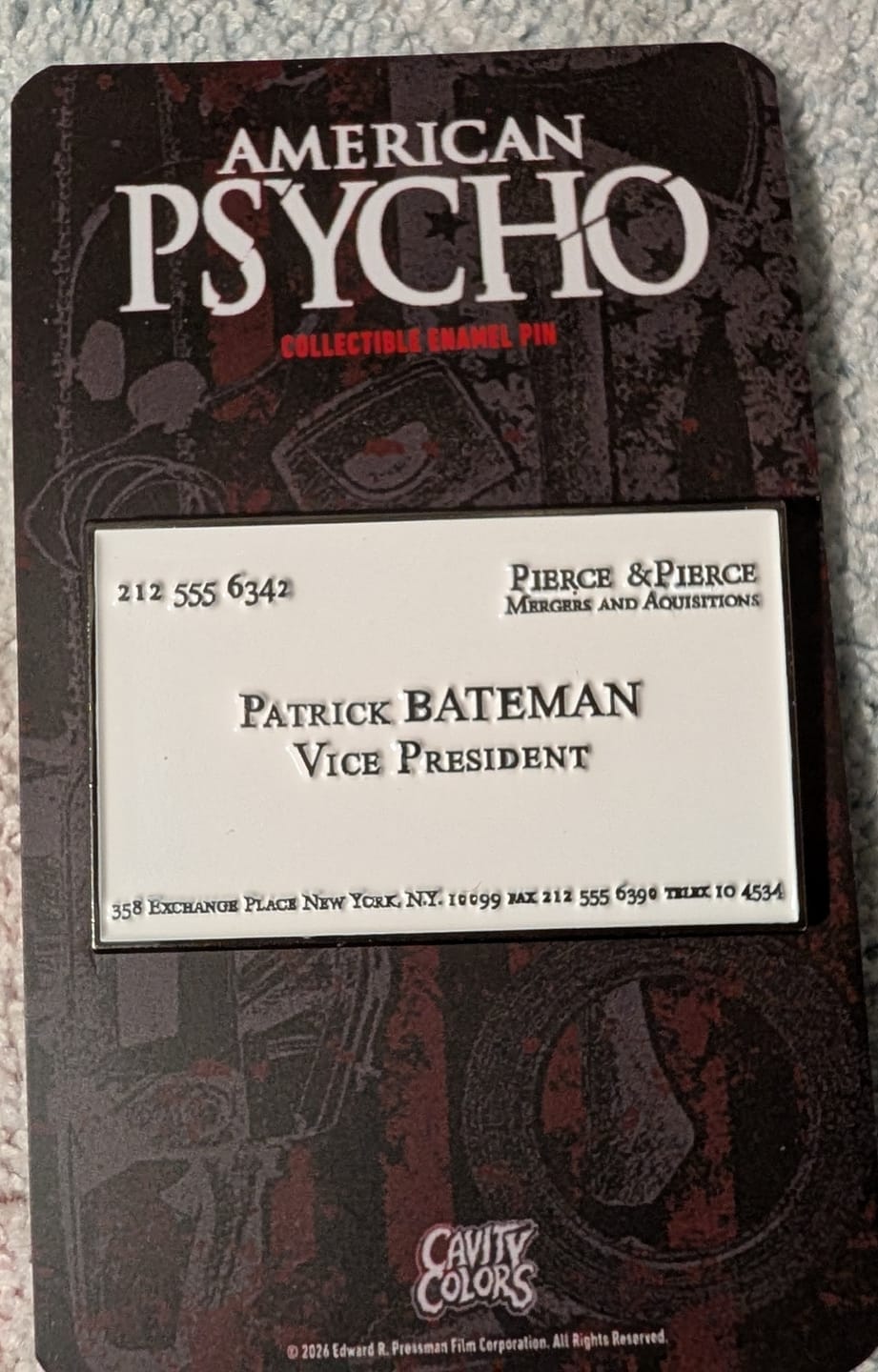 Customer photo review of AMERICAN PSYCHO: BUSINESS CARD - ENAMEL PIN