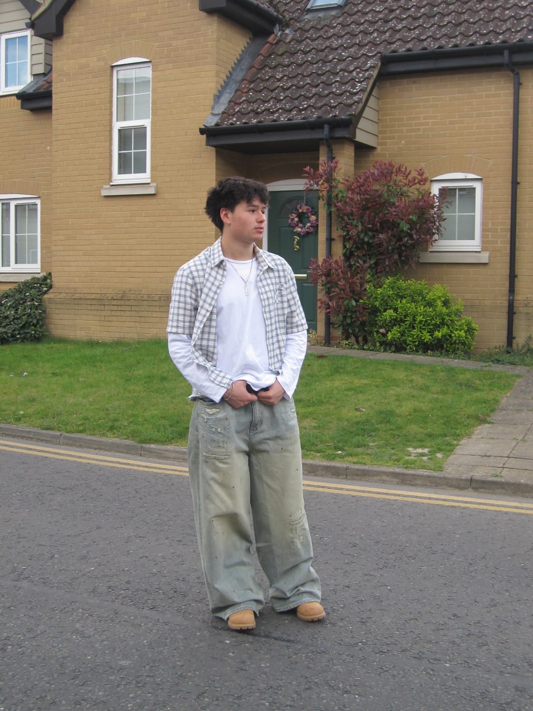 Customer photo review of Repaired Construction Denim Jeans Blue