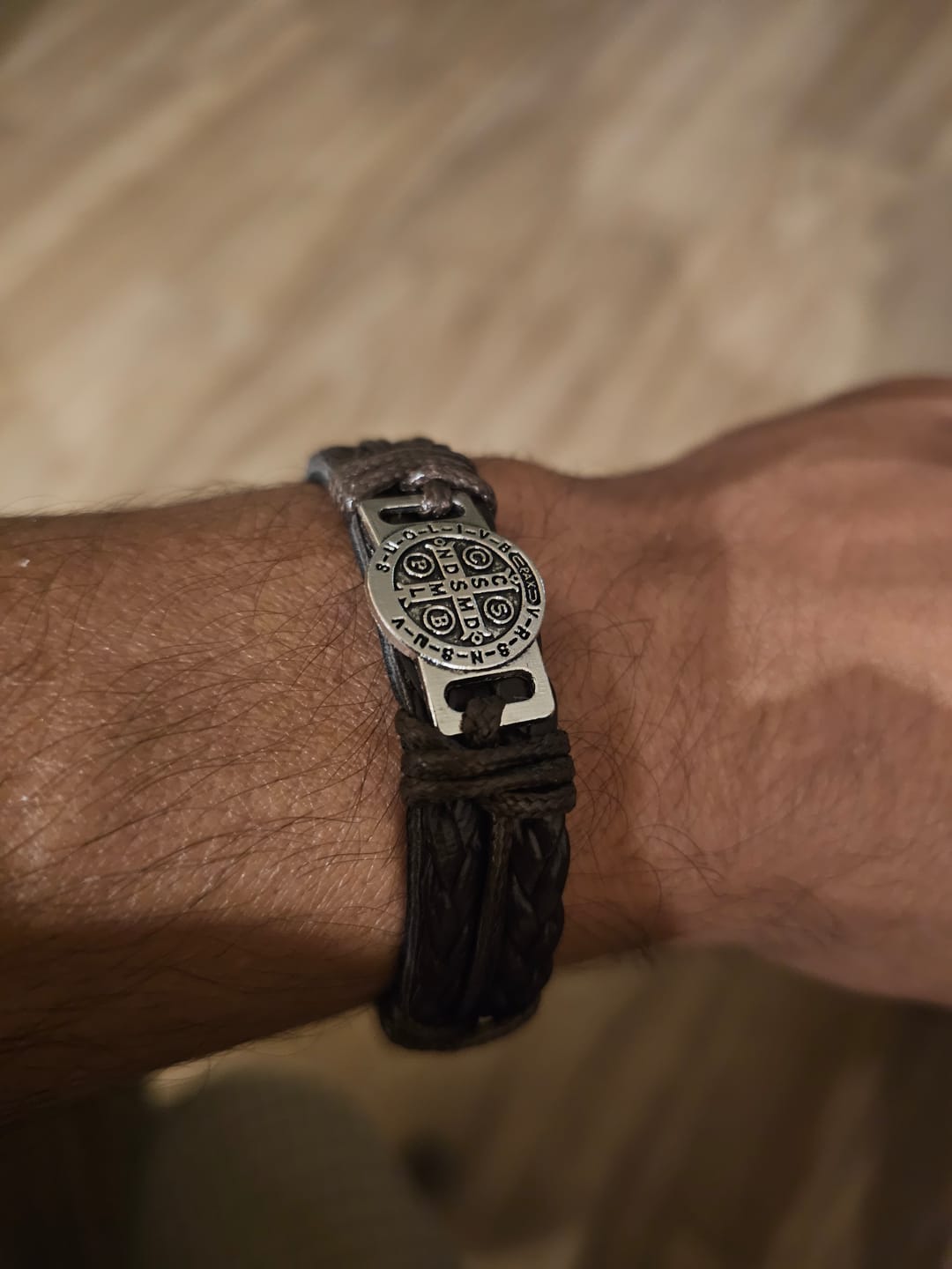 Customer photo review of Christianartworkshop Classic 2 Color St. Benedict Leather Bracelet: Symbol of Faith and Courage