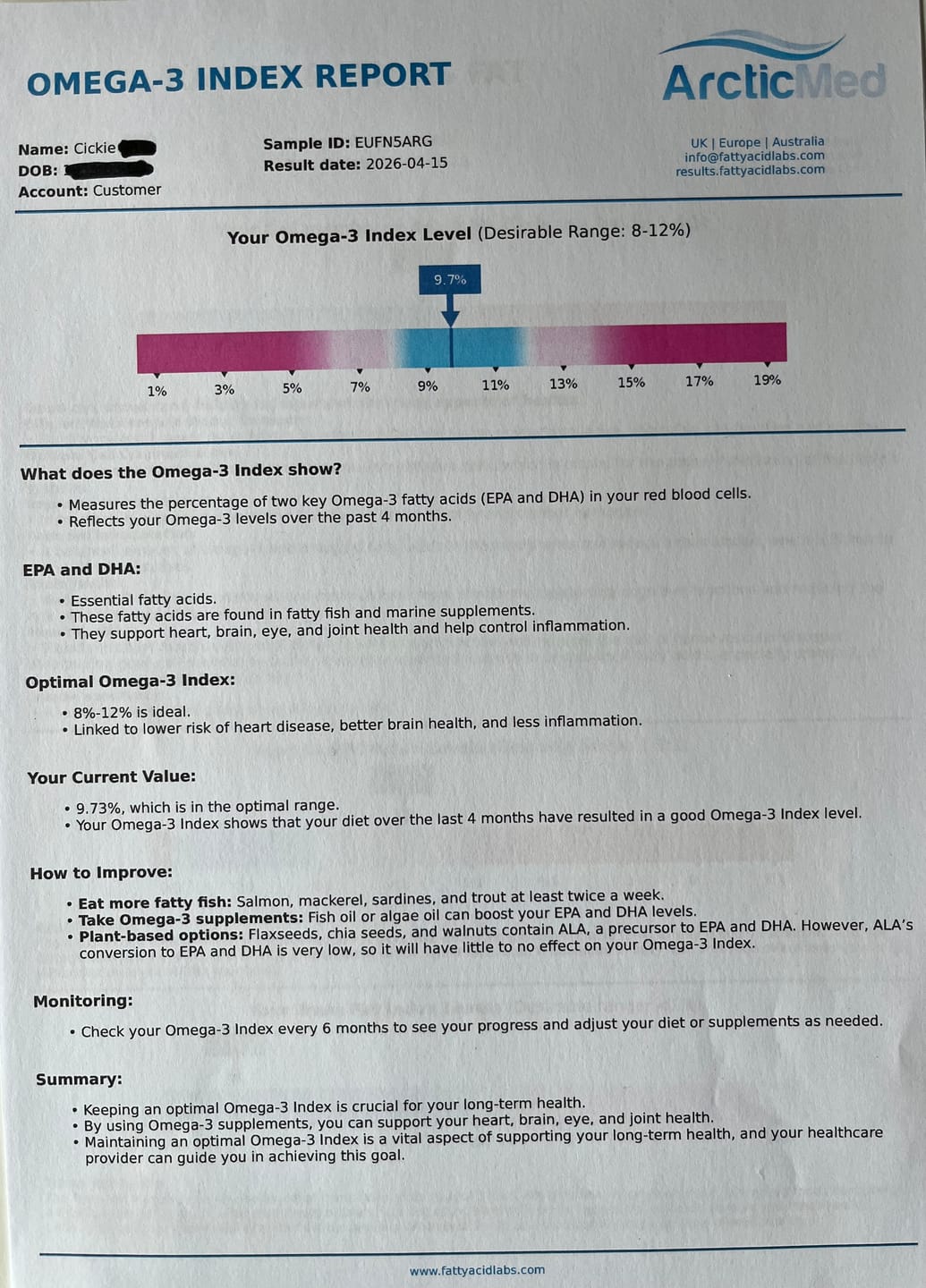 Customer photo review of Omega-3 Index Complete Test