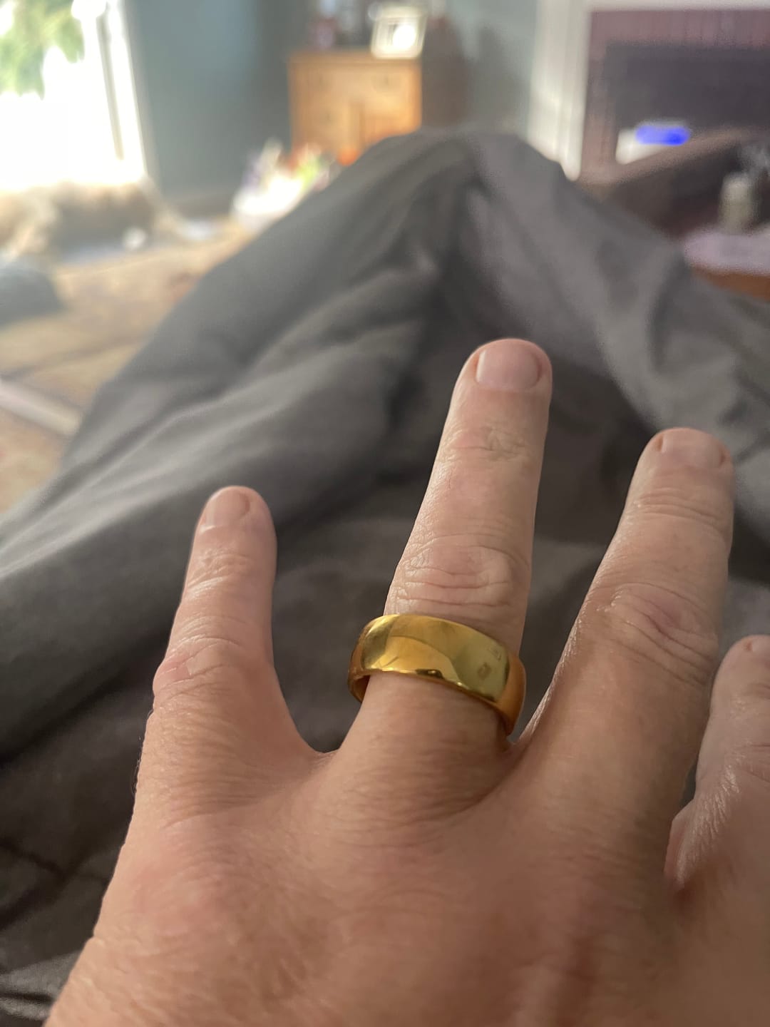 Customer photo review of 9mm - 14k Yellow Gold Tungsten Wedding Band, High Polish Dome Shape, Anniversary Ring