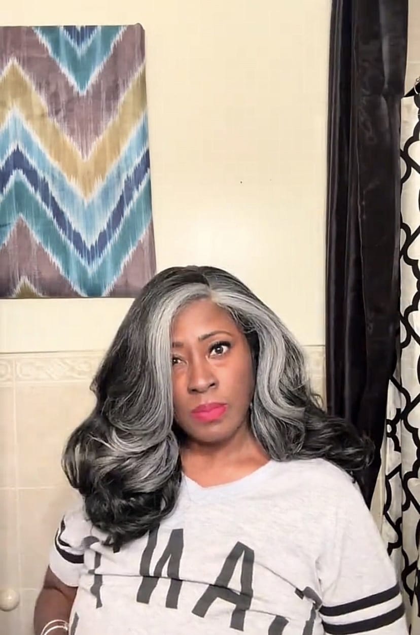 Customer photo review of Luvwin  Salt And Pepper Kinky Wave More Pepper With Salt  Glueless Wig For Mature Women
