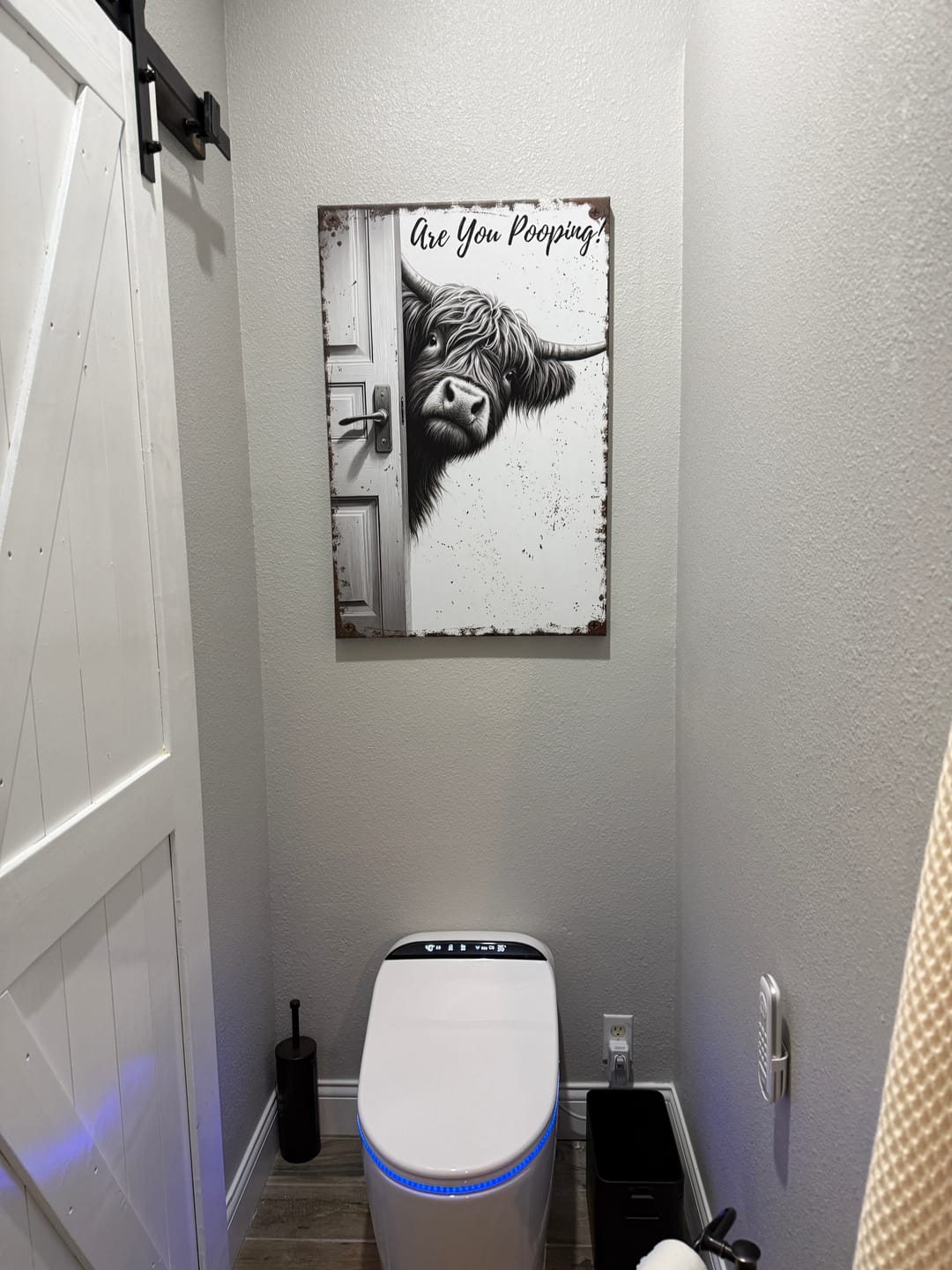 Customer photo review of Funny Highland Cow Bathroom Wall Art Canvas Print, Are You Pooping Cow Sign, Rustic Farmhouse Bathroom Decor