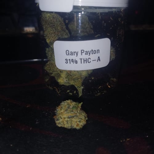 Reviewer's jar of Happy Weedz THCA flower, labeled 'Gary Payton', with a single green bud in front.
