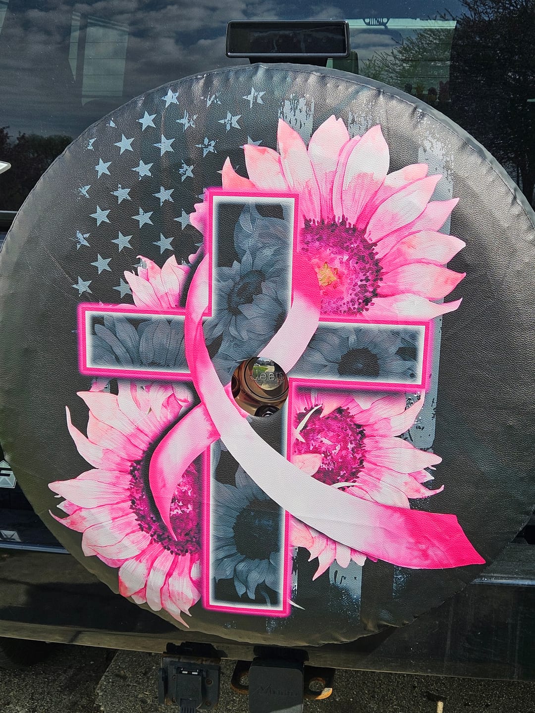 Customer photo review of Jeep Tire Covers - Jeep Spare Tire Cover Breast Cancer Awareness Month Pink Ribbon Cross NO.782 LT8