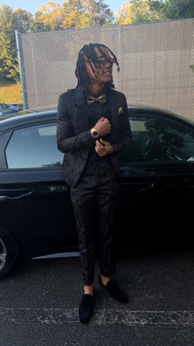 Customer photo review of Men's 3-Piece Black Rose Embroidery Shawl Lapel Wedding Suit