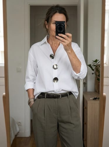 Reviewer models the loose white blouse, showing its fit and prominent button closure.