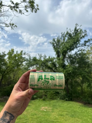 Customer holding a green and white pack sleeve of ALP Spearmint Nicotine Pouches outdoors.