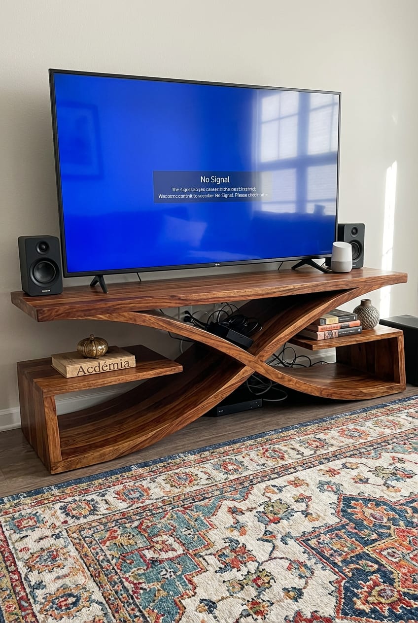 Customer photo review of Natural Wood TV Console with Sculptural Cross Base and Open Shelves