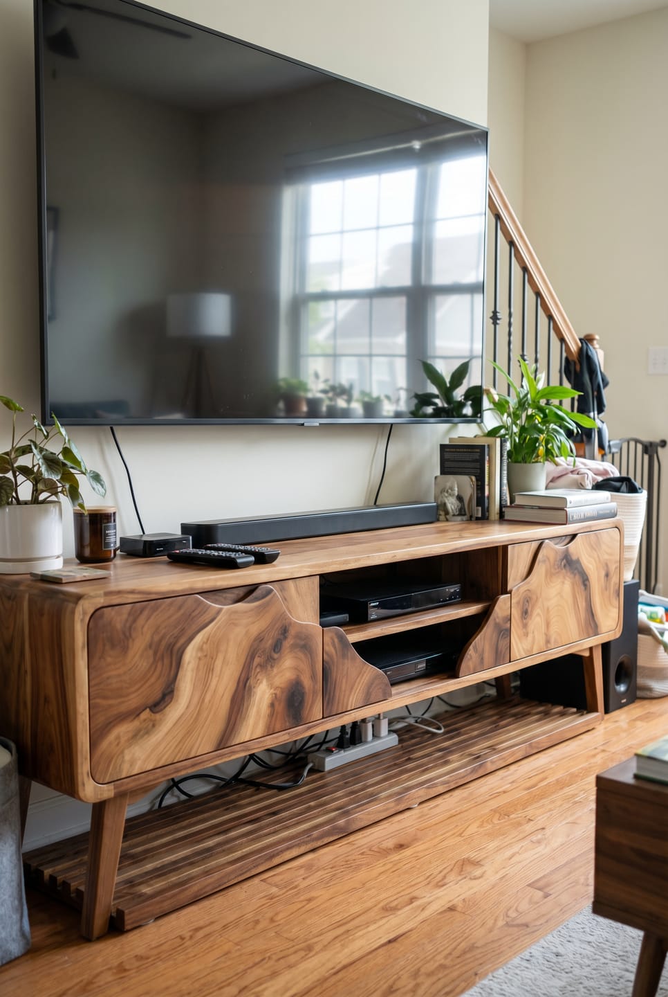 Customer photo review of Live Edge Solid Wood TV Stand with Sculpted Natural Grain Doors