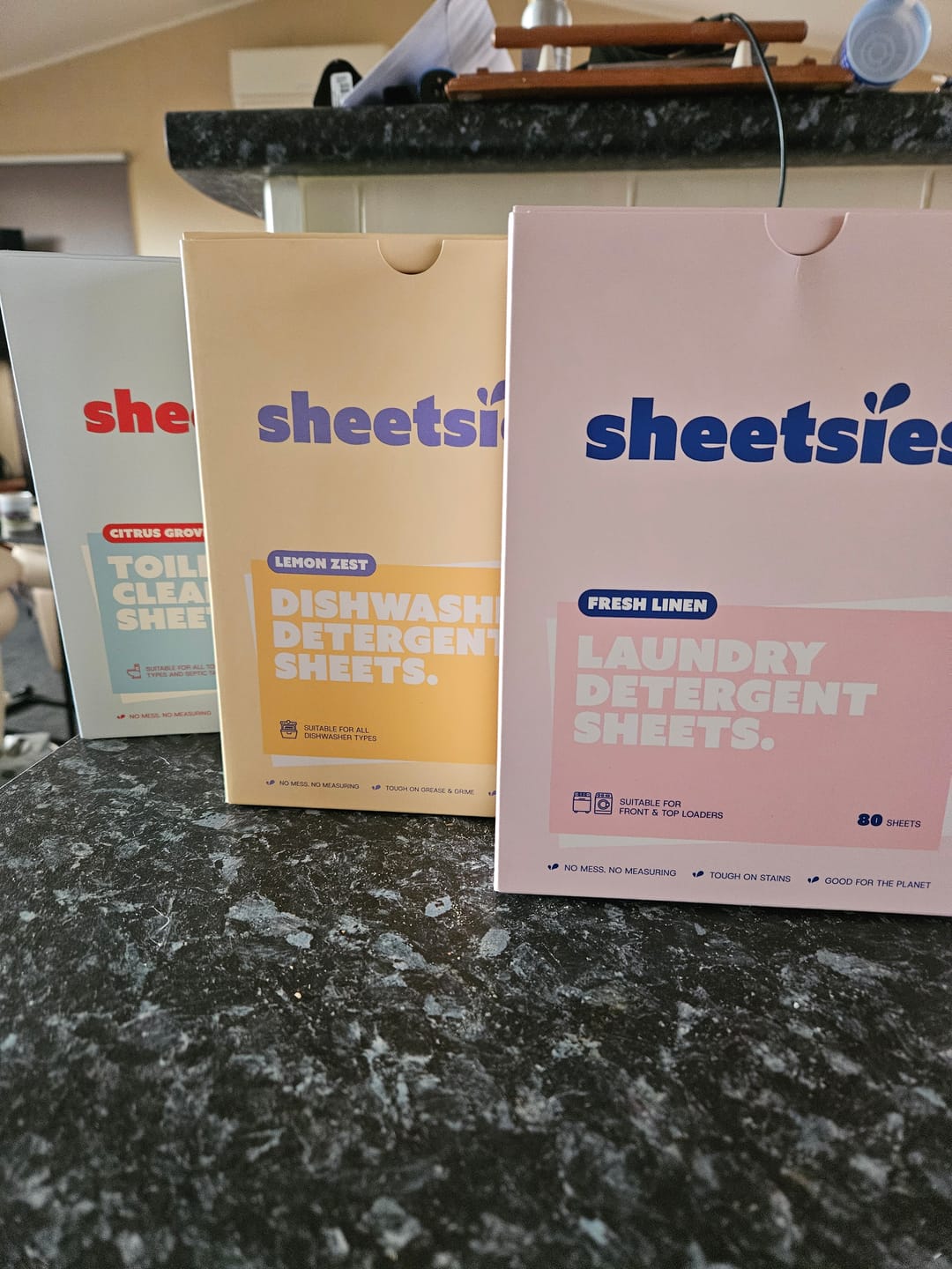 Customer photo review of Sheetsies Bundle - Laundry 80pk, Dishwash 80pk, Toilet 30pk.