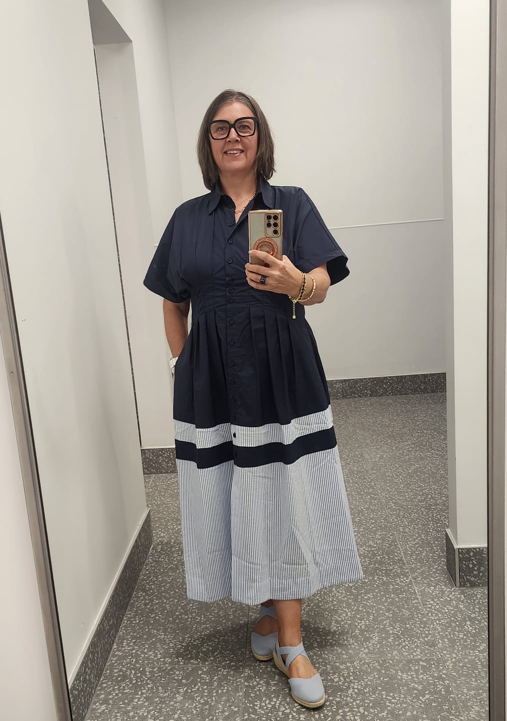 Customer photo review of Navy Blue Ruched Waist Shirt Dress