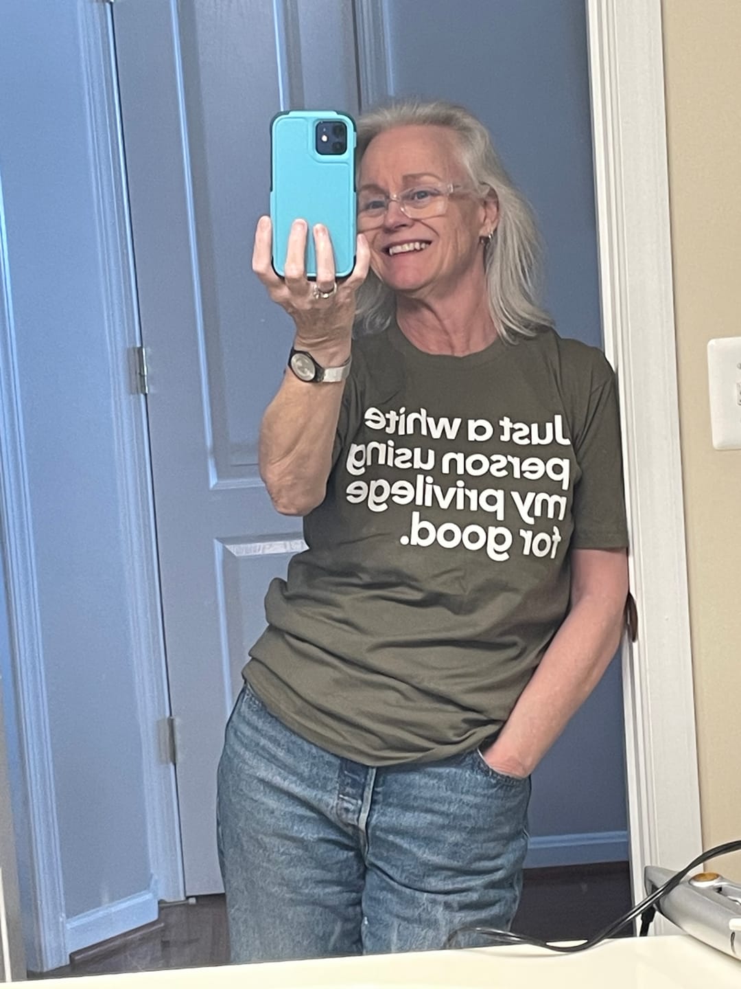 Customer photo review of Just a White Person Using My Privilege for Good Unisex Tee