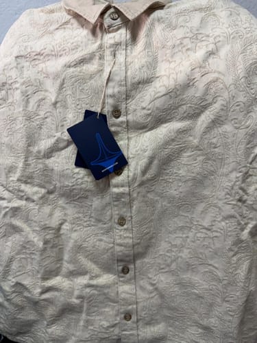 Customer photo review of Contrast-Collar Jacquard Paisley All-Over Cotton Denim Shirt