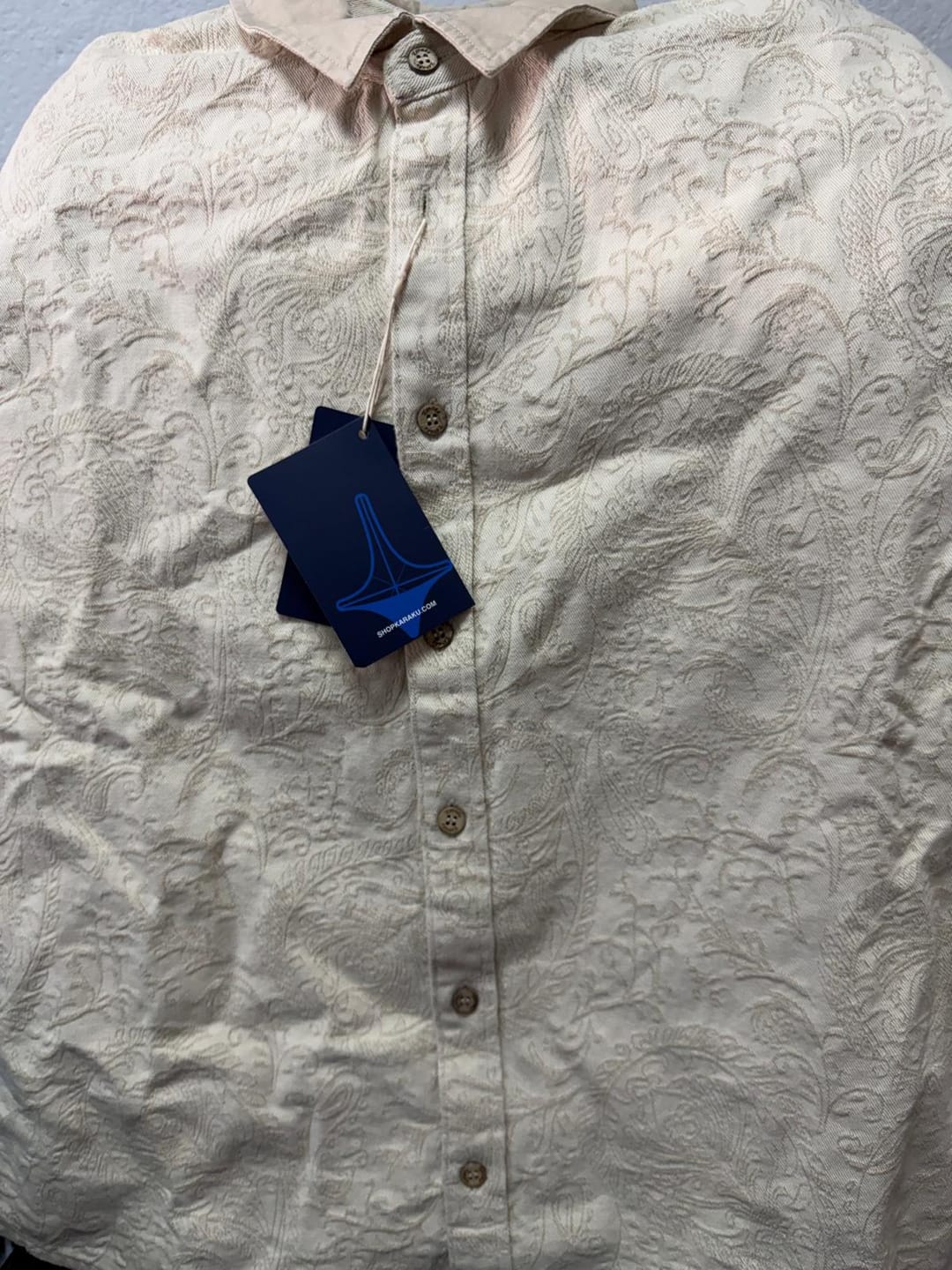 Customer photo review of Contrast-Collar Jacquard Paisley All-Over Cotton Denim Shirt