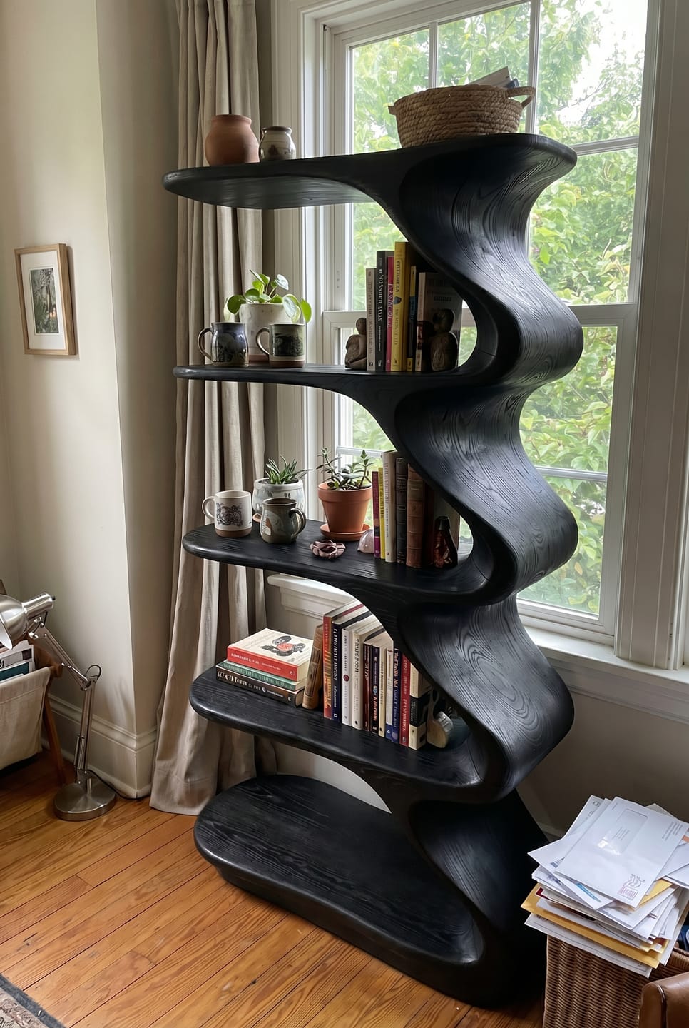Customer photo review of Wave Form Solid Wood Bookshelf With Vertical Sculptural Design