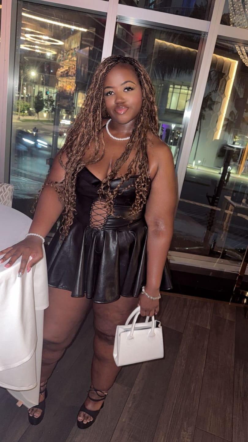 Customer photo review of Allison Faux Leather Corset Flare Mini Dress