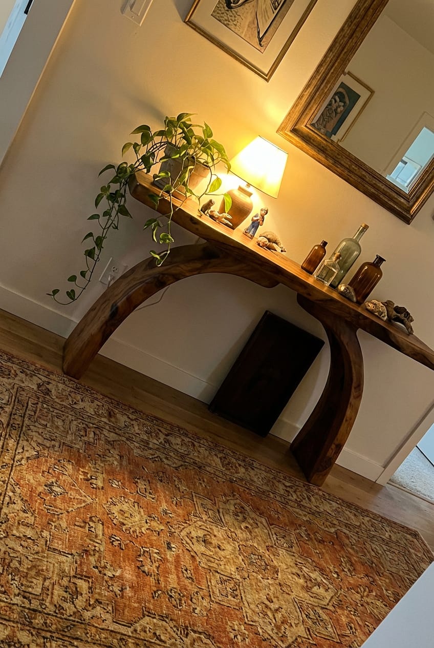 Customer photo review of Live Edge Entryway Console Table with Sculptural Arch Legs