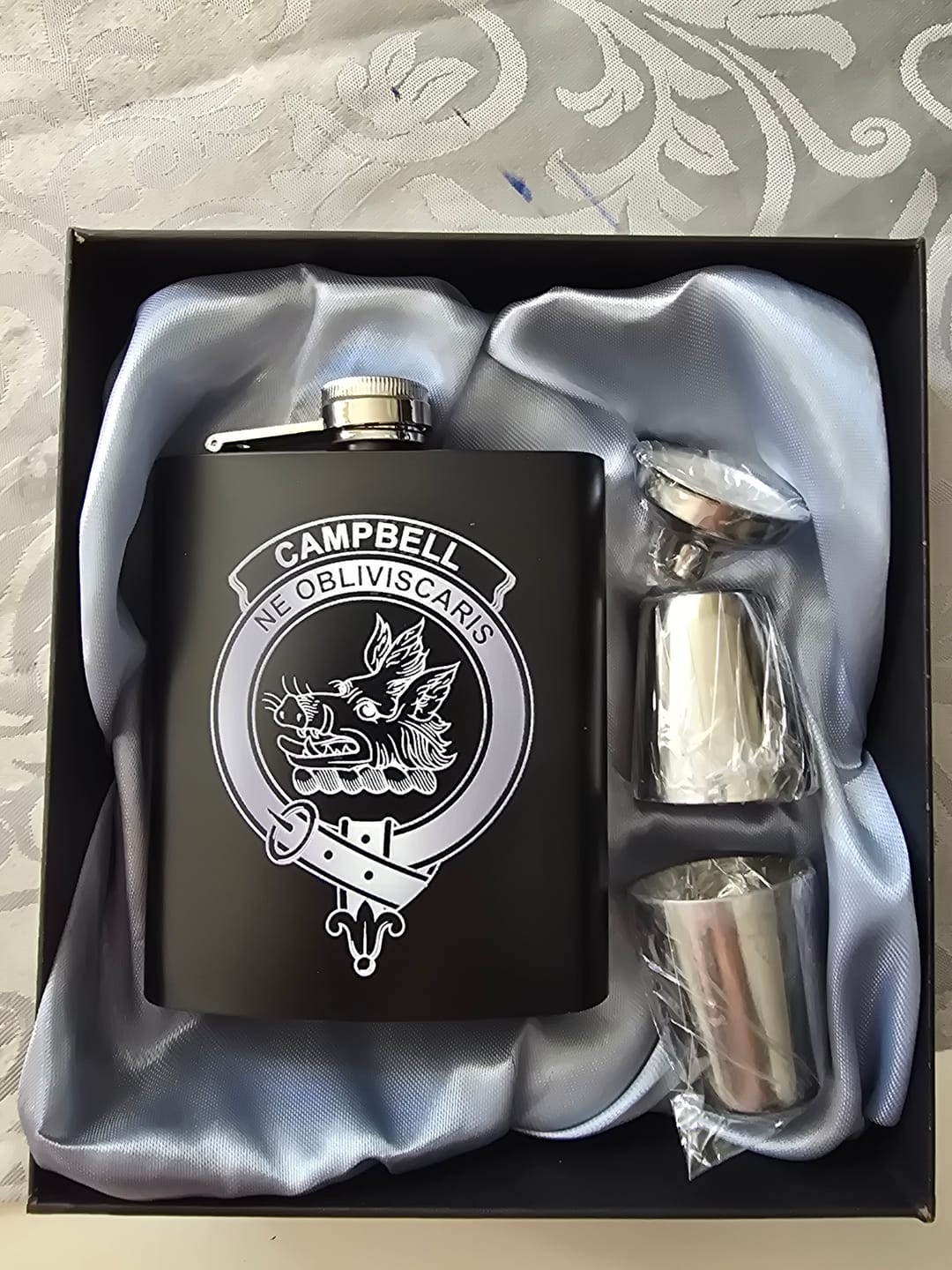 Customer photo review of Campbell Crest Hip Flask Set 7oz Black Stainless Steel with A Gift Box