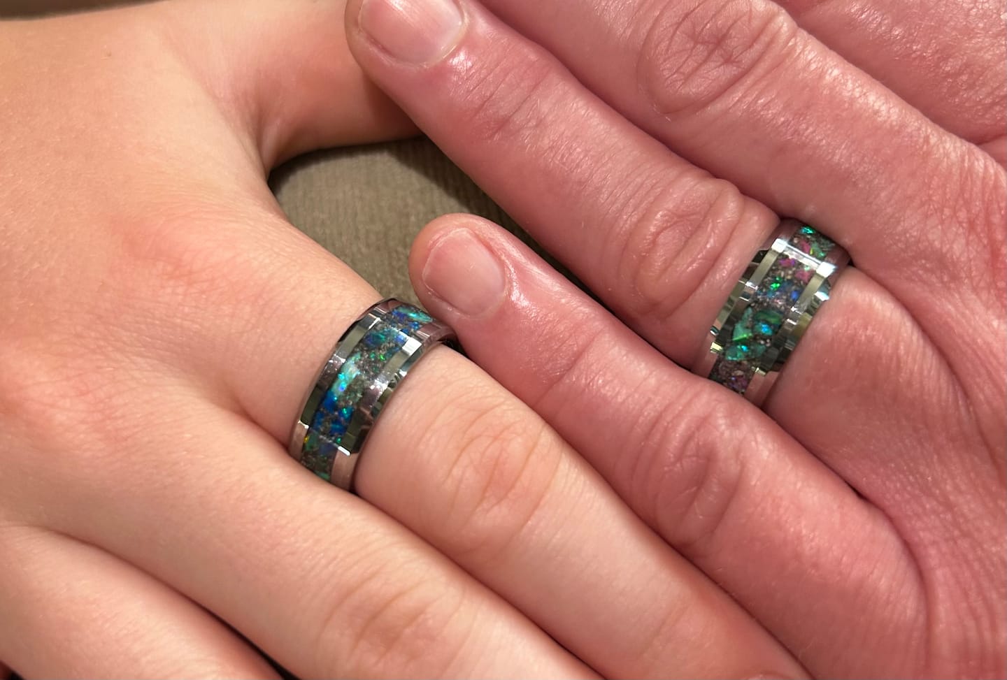 Customer photo review of Tungsten Opal Ring with Cremation Ashes