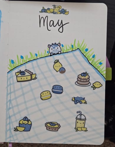 Reviewer's decorated May journal page using cute blueberry and lemonade themed stickers from their subscription.
