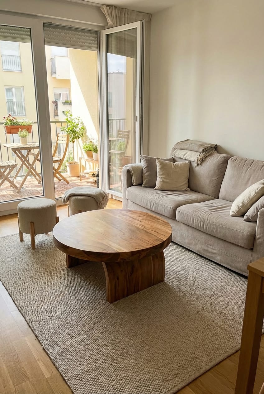 Customer photo review of Round Solid Wood Coffee Table with Sculptural Block Base