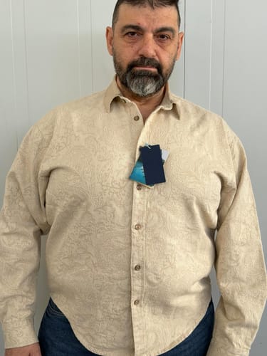 Customer photo review of Contrast-Collar Jacquard Paisley All-Over Cotton Denim Shirt
