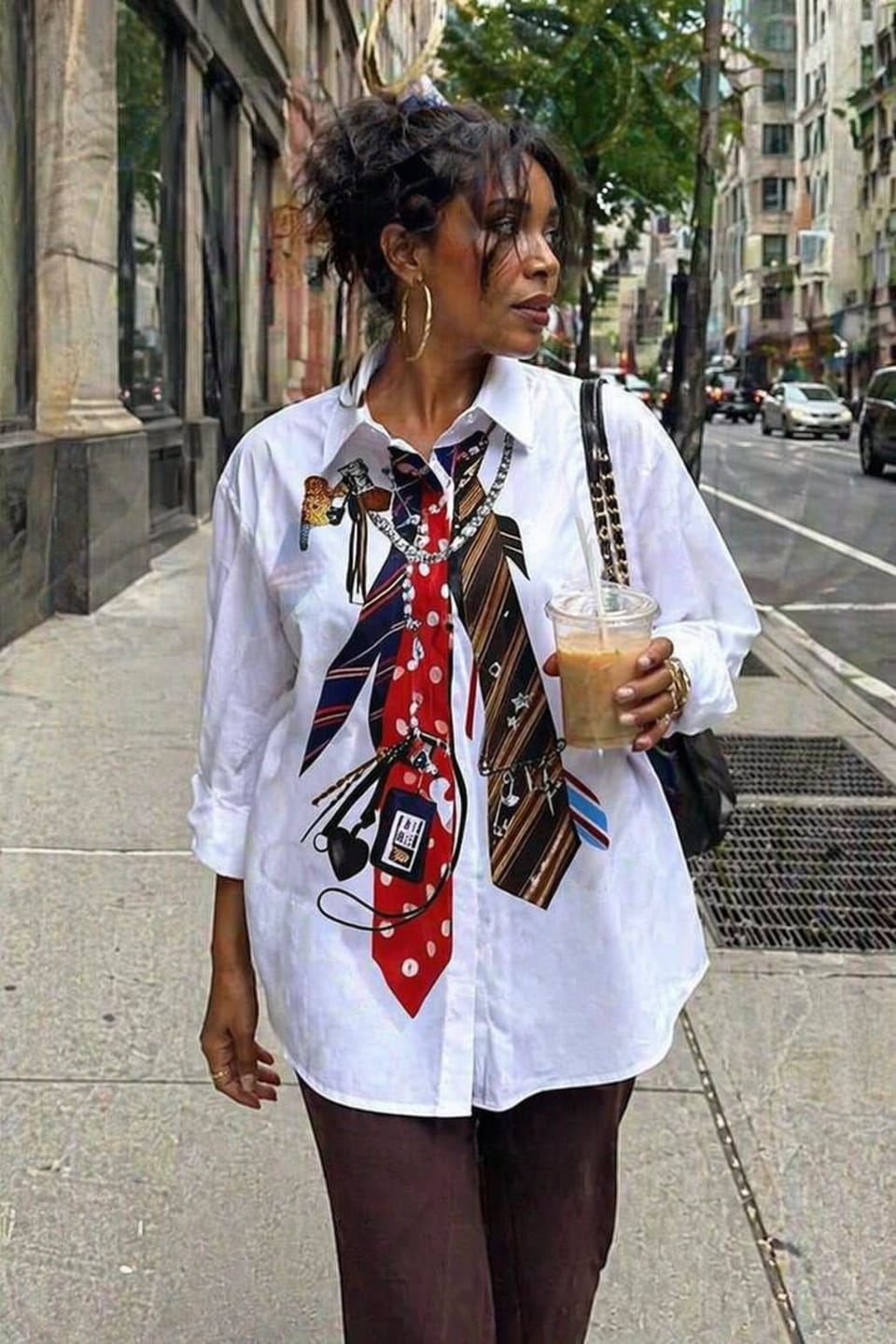 Customer photo review of Loose Three-Quarter Sleeves Buttoned Contrast Color Printed Split-Joint Lapel Blouses&Shirts Tops