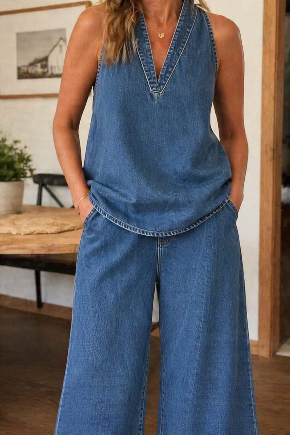 Customer photo review of Loose Wide Leg Pockets Solid Color Jean Pants Bottoms