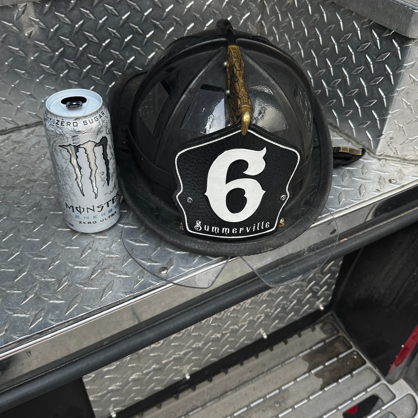 Customer photo review of Classic Leather Firefighter Helmet Shield