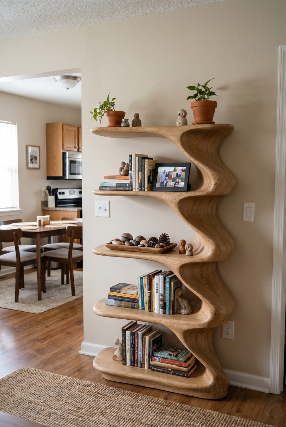 Customer photo review of Wave Form Solid Wood Bookshelf With Vertical Sculptural Design