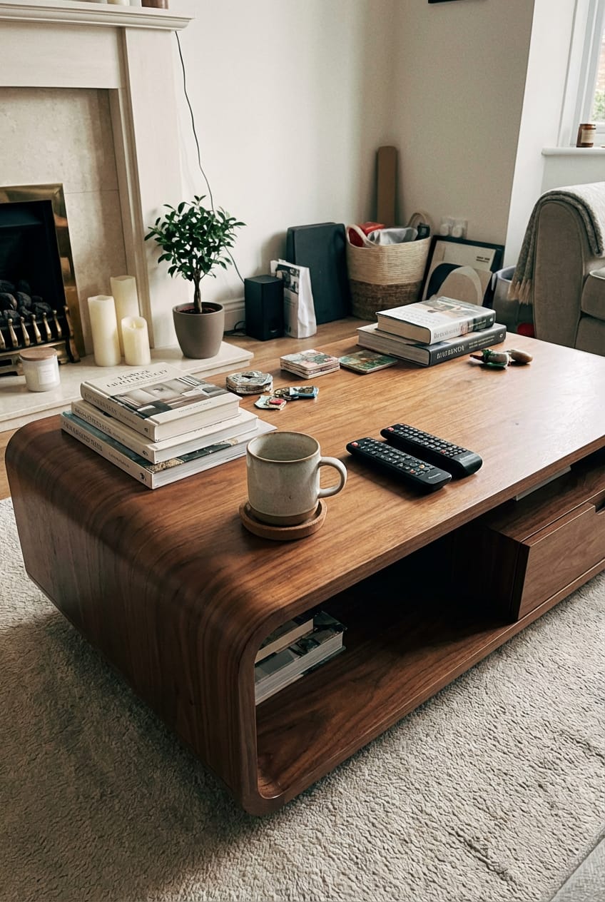 Customer photo review of Modern Curved Coffee Table with Integrated Storage Design