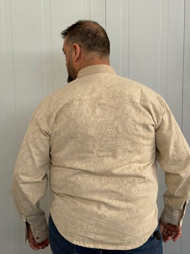 Customer photo review of Contrast-Collar Jacquard Paisley All-Over Cotton Denim Shirt