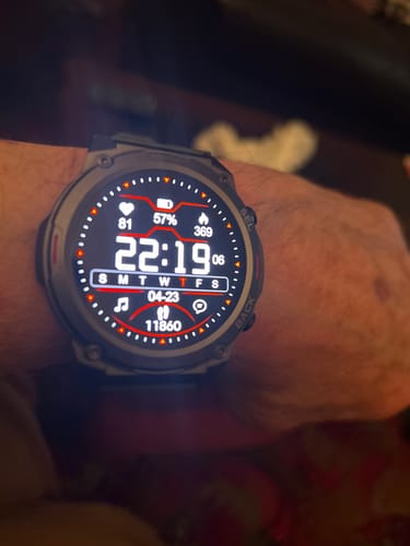 Customer's rugged Gard Pro Ultra 2+ watch on their wrist, with the digital face displaying time and fitness data.